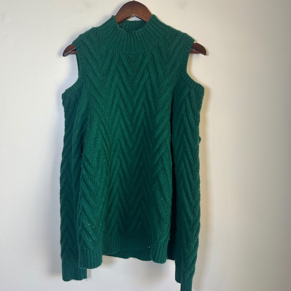 Revolve Gestuz Sweater Marsela Cold Shoulder Size M Green Wool Blend Cable Knit